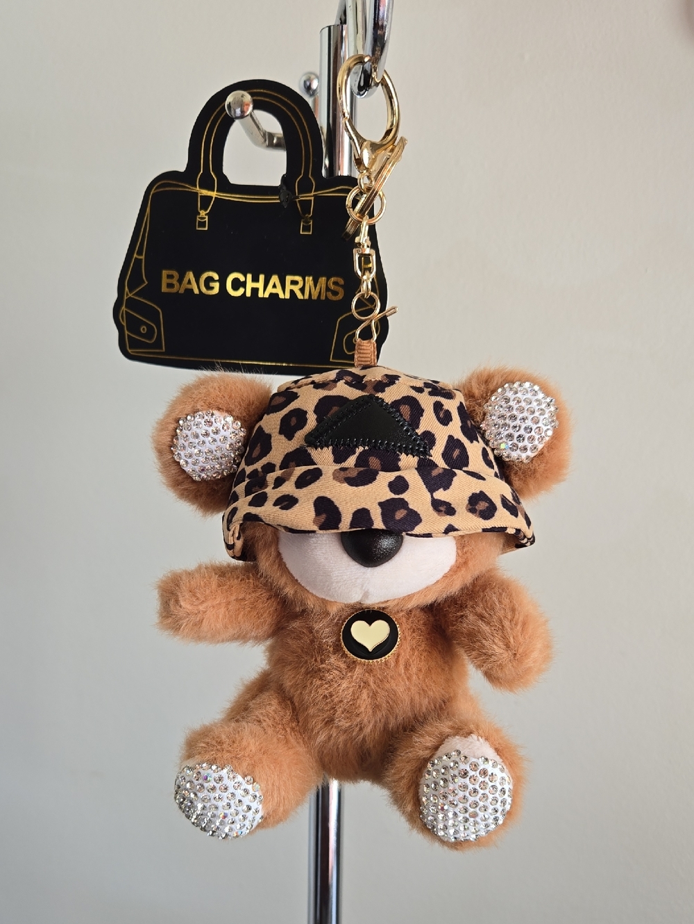 Leopard Hat Teddy Bear Bag Charm - Brown Plush Keychain